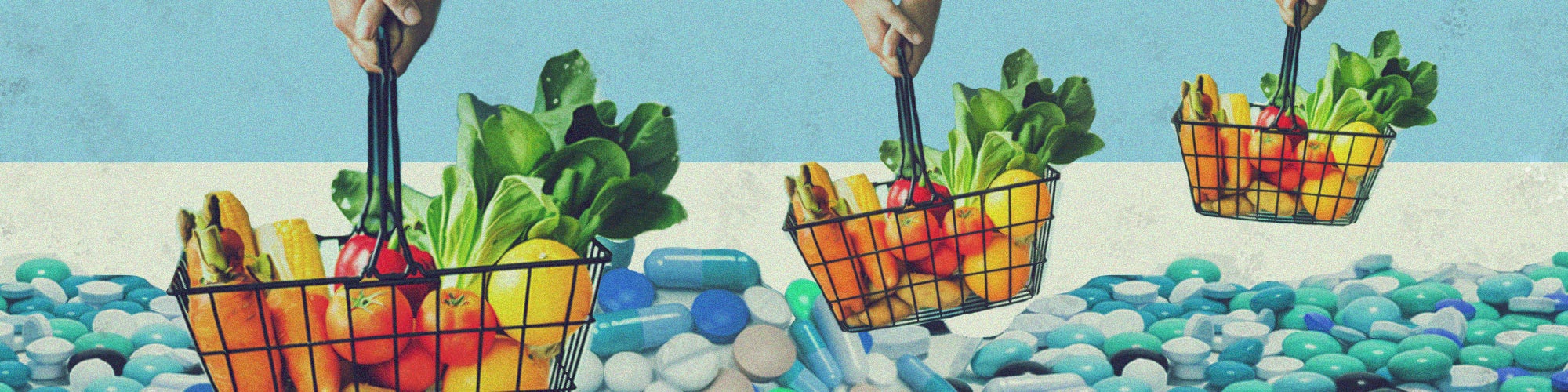 A composite image of a grocery handbasket being carried over a sea of blue-tinted supplements
